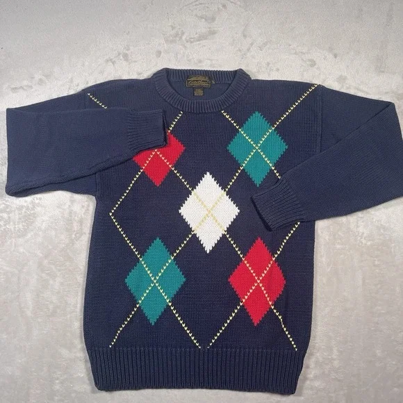 Vintage 90s‎ Eddie Bauer Argyle Crewneck Sweater  Mens Medium Blue Cottagecore - Picture 2 of 6